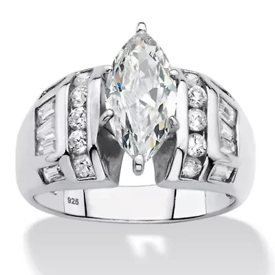 3.17 Cttw. Platinum-plated Silver Marquise-Cut Cubic Zirconia Engagement Ring