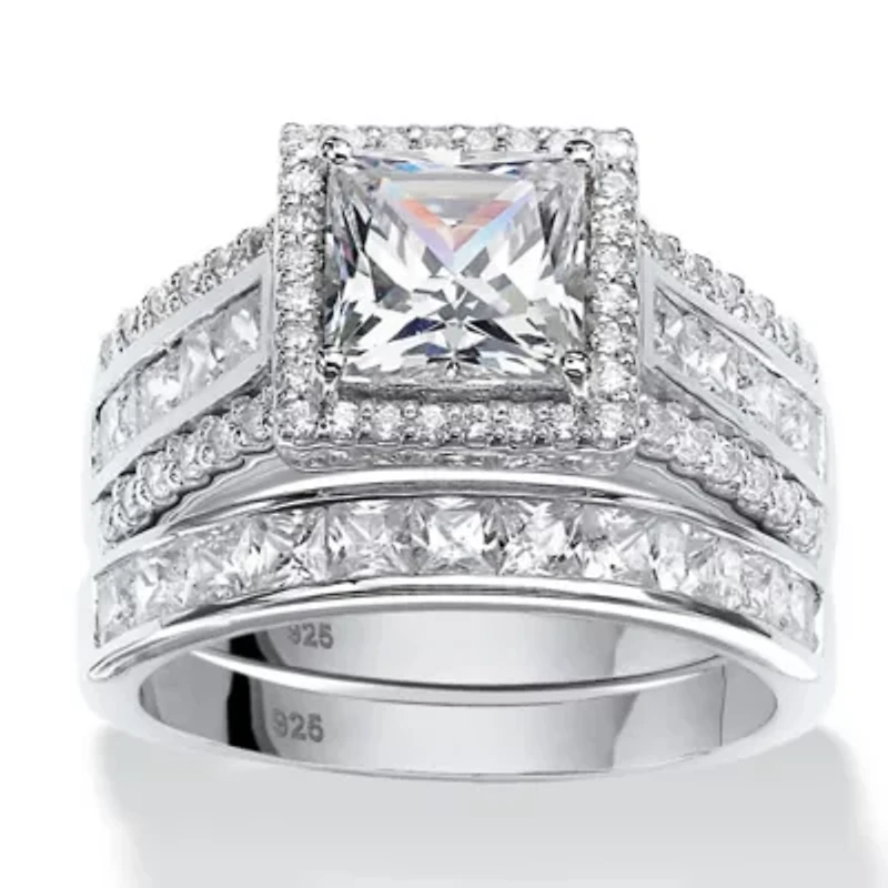 3.31 TCW Cubic Zironica 2-Piece Platinum-plated Silver Halo Bridal Ring Set