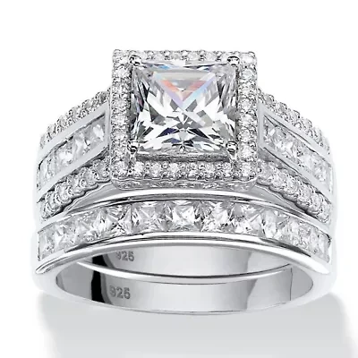 3.31 TCW Cubic Zironica 2-Piece Platinum-plated Silver Halo Bridal Ring Set