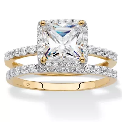 1.97 Cttw. Cubic Zirconia Solid 10k Yellow Gold 2-Piece Wedding Ring Set