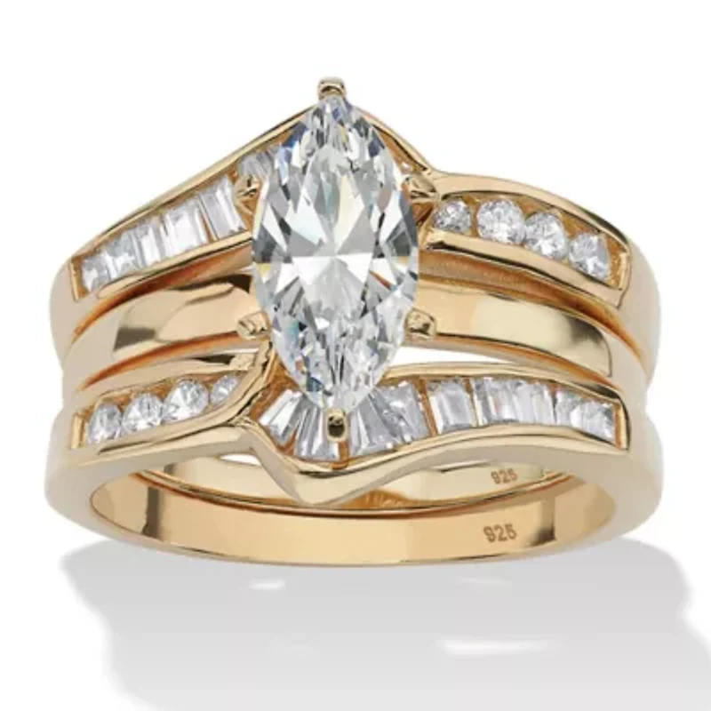 3.57 TCW Marquise-Cut CZ Gold-Plated .925 Silver 2 Piece Jacket Bridal Ring Set