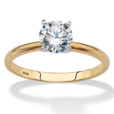 1.08 Cttw. Gold-Plated Sterling Silver Cubic Zirconia Solitaire Engagement Ring