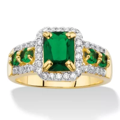 2.62 Cttw. Simulated Green Emerald & Cubic Zirconia 18k Gold-Plated Halo Ring