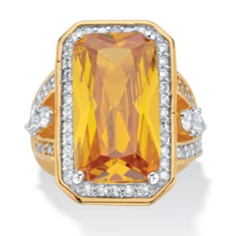 19.52 TCW Emerald-Cut Yellow CZ Halo Cocktail Ring Gold-Plated