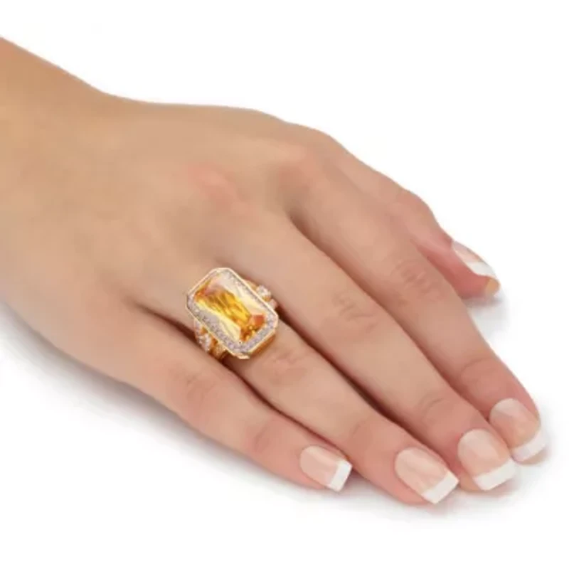 19.52 TCW Emerald-Cut Yellow CZ Halo Cocktail Ring Gold-Plated