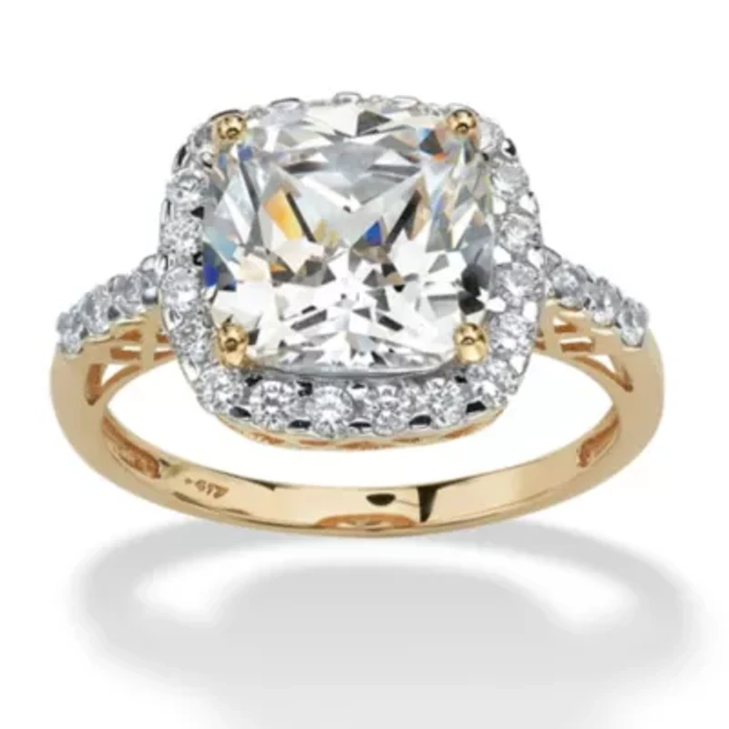 3.20 TCW Cushion-Cut Cubic Zirconia Halo Ring 10k Yellow Gold