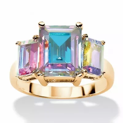 5.60 TCW Emerald-Cut Aurora Borealis Gold-Plated 3-Stone Classic Ring
