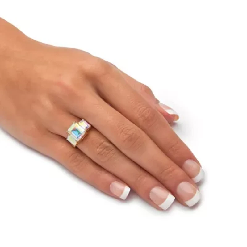 5.60 TCW Emerald-Cut Aurora Borealis Gold-Plated 3-Stone Classic Ring