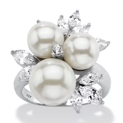 1.84 TCW Simulated Pearl and CZ Platinum-plated Sterling Silver Cocktail Ring
