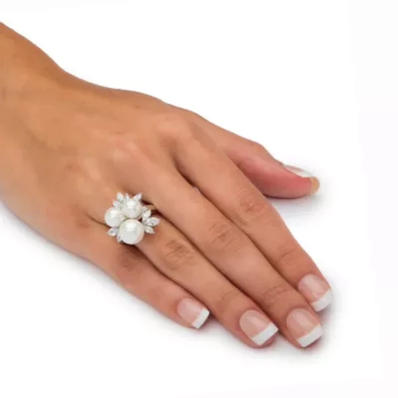 1.84 TCW Simulated Pearl and CZ Platinum-plated Sterling Silver Cocktail Ring