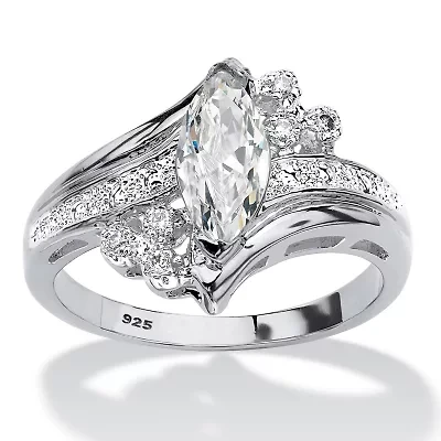 1.03 TCW Marquise-Cut Cubic Zirconia Platinum-Plated Silver Engagement Ring