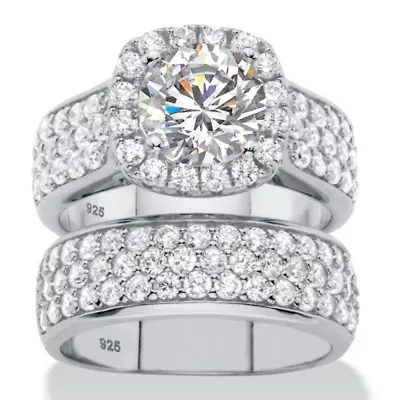 4.43 TCW Cubic Zirconia Platinum-plated Silver 2-Piece Halo Bridal Ring Set