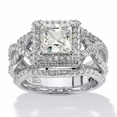 2.82 TCW CZ Platinum-plated Silver 3-Piece Crossover Halo Bridal Ring Set