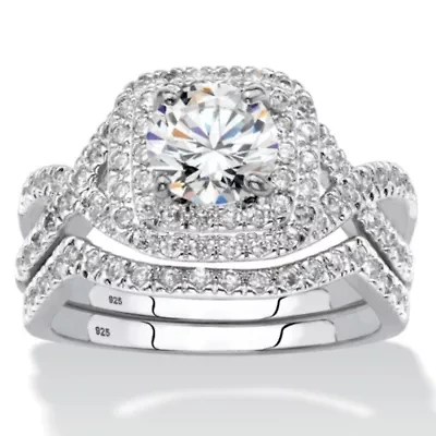 2.20 TCW CZ Two-Piece Halo Bridal Ring Set Platinum-plated Sterling Silver