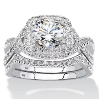 2.20 TCW CZ Two-Piece Halo Bridal Ring Set Platinum-plated Sterling Silver