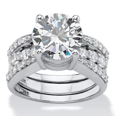 4.80 Cttw. Cubic Zirconia Platinum-plated Silver 2-Piece Jacket Wedding Ring Set