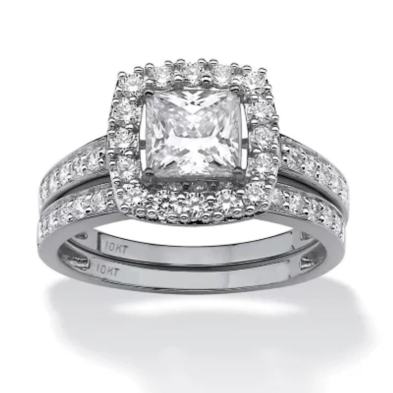 2 Piece 1.93 TCW CZ Square Halo Bridal Ring Set Solid 10k White Gold
