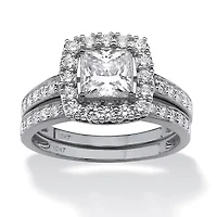 2 Piece 1.93 TCW CZ Square Halo Bridal Ring Set Solid 10k White Gold
