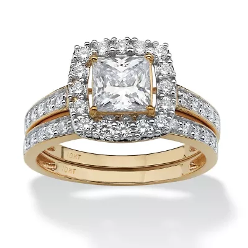 2 Piece 1.93 TCW CZ Square Halo Bridal Ring Set 10k Gold