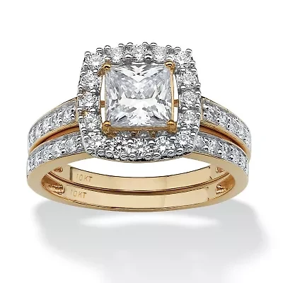 2 Piece 1.93 TCW CZ Square Halo Bridal Ring Set 10k Gold