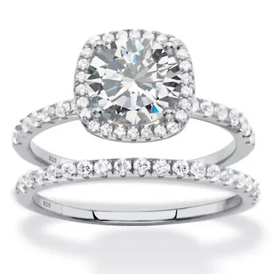 2.65 TCW Marquise Cubic Zirconia Platinum Plated .925 Silver 2-Pc. Halo Ring Set