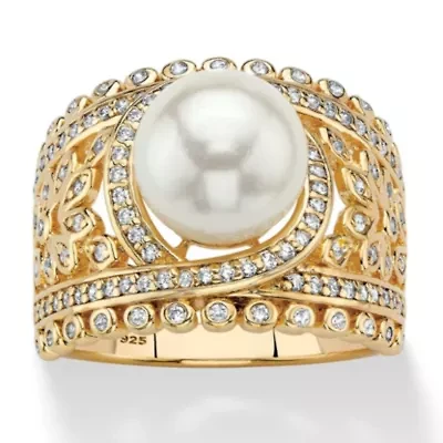.65 Cttw. 14k Gold-plated Sterling Silver Simulated Pearl and CZ Floral Ring
