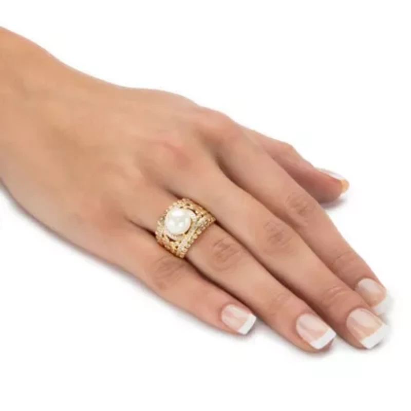 .65 Cttw. 14k Gold-plated Sterling Silver Simulated Pearl and CZ Floral Ring