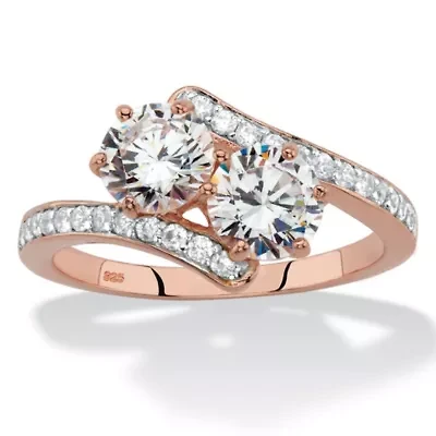 2.20 Cttw. Rose Gold-Plated .925 Silver Round Cubic Zirconia 2-Stone Bypass Ring
