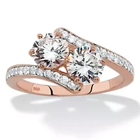 2.20 Cttw. Rose Gold-Plated .925 Silver Round Cubic Zirconia 2-Stone Bypass Ring