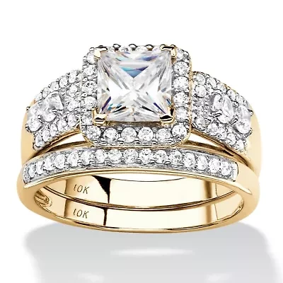 1.84 Cttw. Solid 10k Yellow Gold Cubic Zirconia 2-Piece Halo Wedding Ring Set