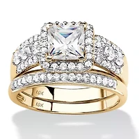 1.84 Cttw. Solid 10k Yellow Gold Cubic Zirconia 2-Piece Halo Wedding Ring Set