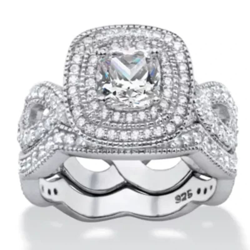 1.92 Cttw. Cubic Zirconia Platinum Plated Silver 2 Piece Halo Bridal Ring Set