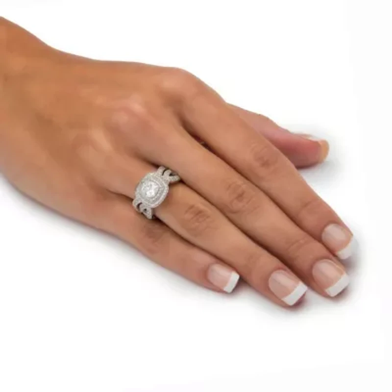 1.92 Cttw. Cubic Zirconia Platinum Plated Silver 2 Piece Halo Bridal Ring Set