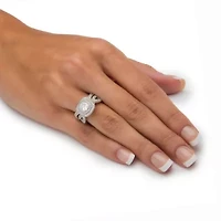 1.92 Cttw. Cubic Zirconia Platinum Plated Silver 2 Piece Halo Bridal Ring Set