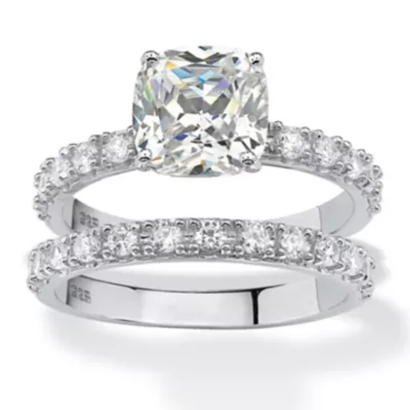 2.45 TCW Cushion-Cut Cubic Zirconia Platinum-plated Silver Bridal Ring Set