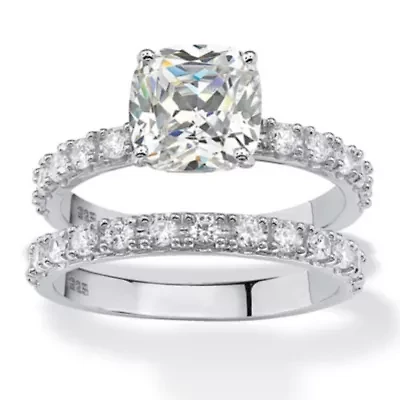 2.45 TCW Cushion-Cut Cubic Zirconia Platinum-plated Silver Bridal Ring Set