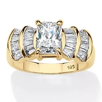 3.10 Cttw. Emerald Cut Cubic Zirconia 18K Gold Plated Silver Engagement Ring