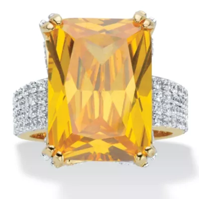 21.40 Cttw. Emerald-Cut Yellow and White Cubic Zirconia Gold-Plated Ring
