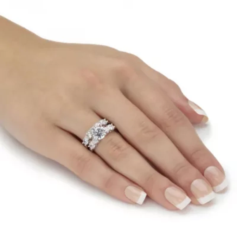 4.25 Cttw. Round Cubic Zirconia Platinum-plated Silver 2-Piece Bridal Ring Set