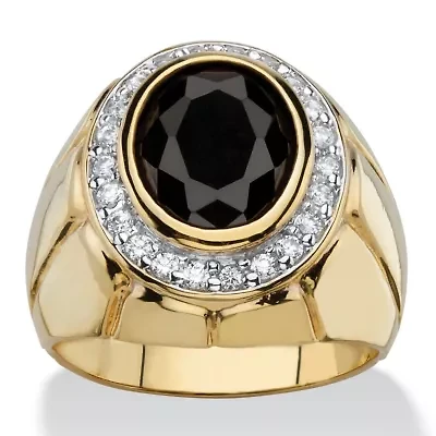 Men's 4.18 TCW Black Oval Cubic Zirconia Gold-Plated Faceted Halo Ring