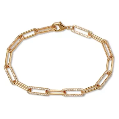 .95 TCW Round Cubic Zirconia 18k Yellow Gold-Plated Paperclip Bracelet 7.5-inch