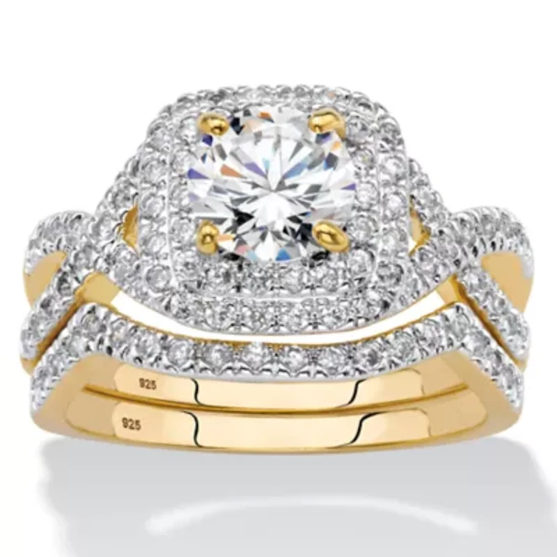2.20 Cttw. Cubic Zirconia 14K Gold-plated Sterling Silver Halo Wedding Ring Set