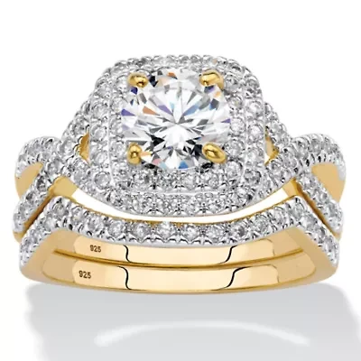 2.20 Cttw. Cubic Zirconia 14K Gold-plated Sterling Silver Halo Wedding Ring Set