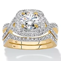 2.20 Cttw. Cubic Zirconia 14K Gold-plated Sterling Silver Halo Wedding Ring Set