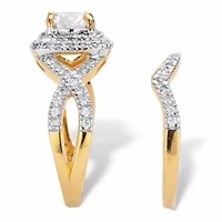 2.20 Cttw. Cubic Zirconia 14K Gold-plated Sterling Silver Halo Wedding Ring Set