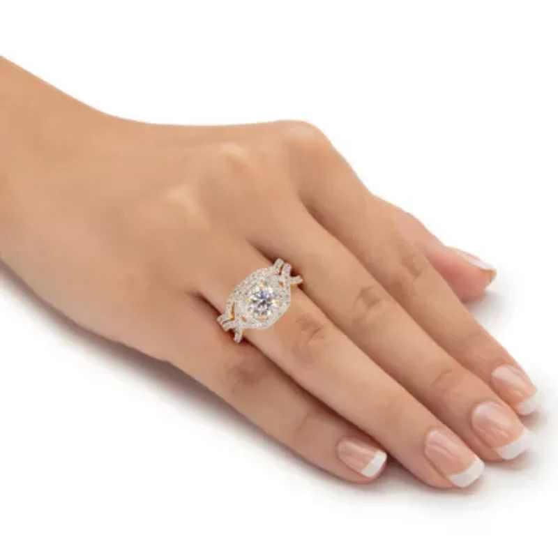 2.20 Cttw. Cubic Zirconia 14K Gold-plated Sterling Silver Halo Wedding Ring Set