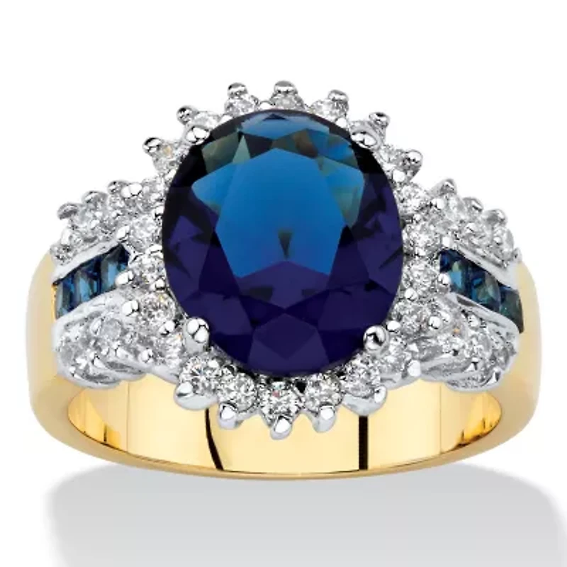 7.64 Cttw. Simulated Blue Sapphire and Cubic Zirconia Gold-Plated Halo Ring