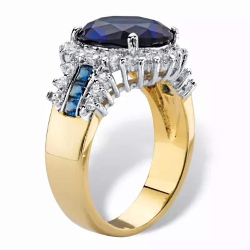 7.64 Cttw. Simulated Blue Sapphire and Cubic Zirconia Gold-Plated Halo Ring