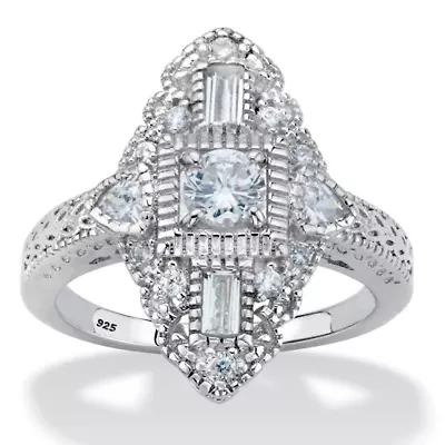 1.03 Cttw. Round Cubic Zirconia Platinum-plated Silver Art Deco-Style Ring