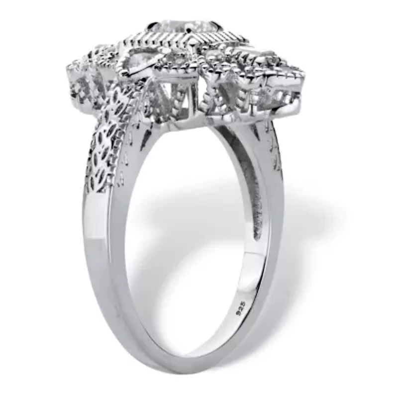 1.03 Cttw. Round Cubic Zirconia Platinum-plated Silver Art Deco-Style Ring